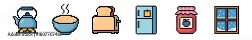 Cozy breakfast and kitchen appliance icon set in a nostalgic pixel art style, including a toaster, kettle, fridge, jam, and a snowy window view