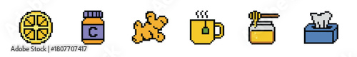 A row of colorful pixel art icons depicting natural cold and flu remedies including a lemon, vitamin C bottle, ginger, hot tea, honey, and tissues