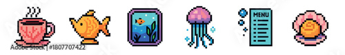 A vibrant collection of pixel art icons featuring a steaming mug, a goldfish, an aquarium, a jellyfish, a menu board, and an oyster with a pearl, rendered in a retro 8-bit style