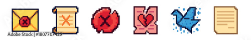 A vibrant collection of pixel art icons, featuring a rejected letter, an old scroll, a burning flame, a broken heart, a magical blue splash, and a document stack, rendered in a classic 8-bit style