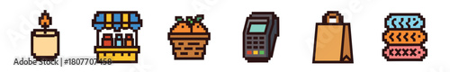A vibrant row of pixel art icons, including a burning candle, hot air balloon, carrot dessert, payment terminal, shopping bag, and stacked decorative elements