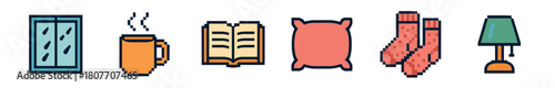 A charming collection of pixel art icons depicting cozy home and relaxation essentials, featuring a window, steaming mug, open book, soft pillow, warm socks, and a table lamp