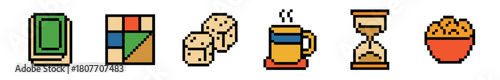 A vibrant collection of retro pixel art icons featuring a green book, abstract blocks, cookies, a steaming mug, an hourglass, and french fries