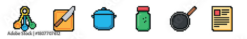 A diverse set of colorful pixel art icons, including a key, a glass with a knife, a water bottle, a sauce bottle, a frying pan, and a document