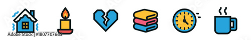 A row of six colorful flat design icons, depicting a cold house, a burning candle, a broken heart, stacked books, a fast clock, and a steaming hot mug
