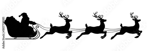 Iconic black silhouette of Santa Claus and his flying reindeer sleigh.
