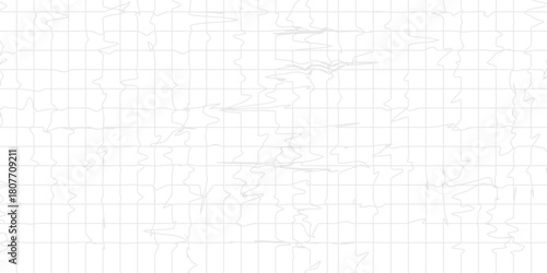 Crumpled white paper sheet with check grid lines overlay - wrinkled notebook page with mathematical graph squares, folded texture on checkered surface for school homework or office calculations.