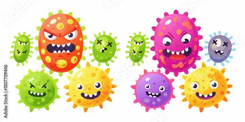 Cartoon germs and viruses with funny faces on a white background