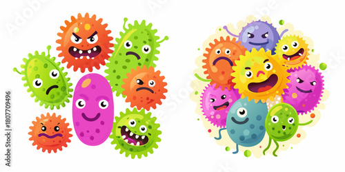 Cartoon germs and bacteria with funny faces colorful vector illustration