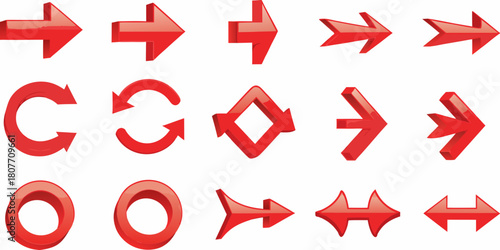 Collection of fifteen different red arrow designs on a white background