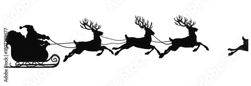 Black silhouette of Santa Claus in a sleigh pulled by reindeer.