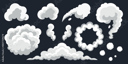 Cartoon smoke and cloud collection on dark background vector illustration