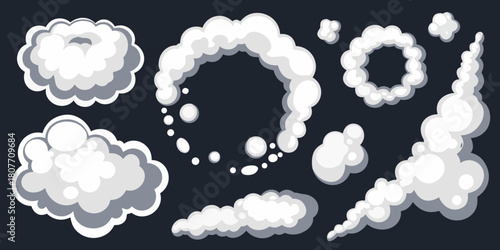 Cartoon smoke clouds and steam collection on dark background