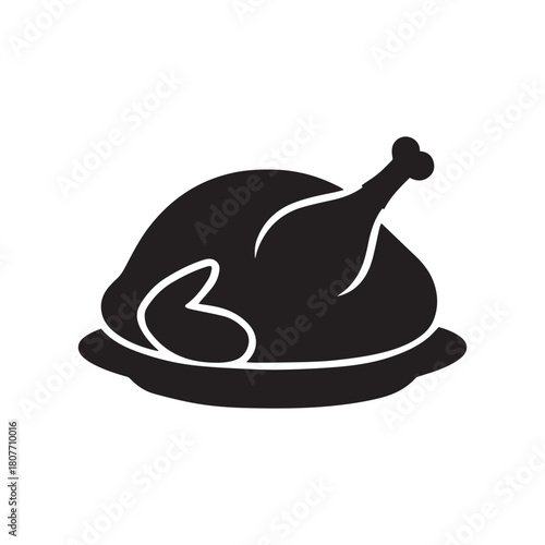 Simple black icon of a whole roasted chicken on a platter, a symbol for Thanksgiving dinner or a festive holiday meal