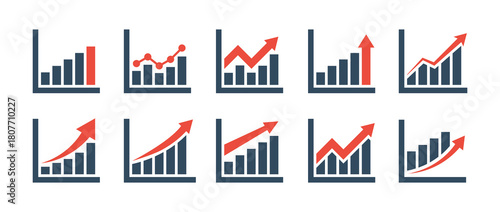 Collection of vector icon for colored growing graph. Sign for growth bar chart. Growth progress, improvement, and success. Vector illustration