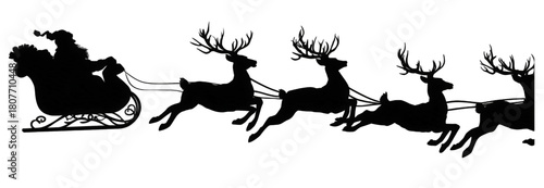 Black silhouette of Santa Claus in a sleigh pulled by reindeer.