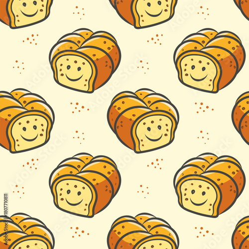 Seamless pattern of buns, bread, pastries, cupcakes. Simple vector design perfect for fabric, packaging.