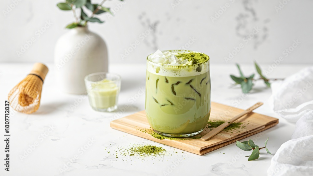 Naklejka premium Minimalist clean close-up of an iced matcha latte on white marble