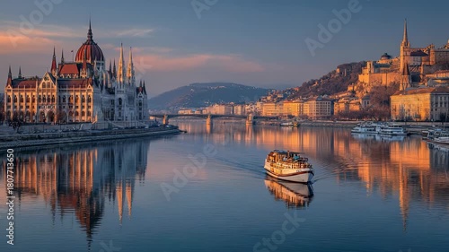 Scenic Budapest Cityscape at Sunset: Hungarian Parliament Building, Danube River, and Buda Castle Hill with Tour Boat