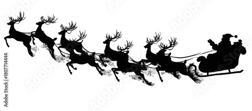 Black silhouette of Santa Claus riding his sleigh pulled by flying reindeer.