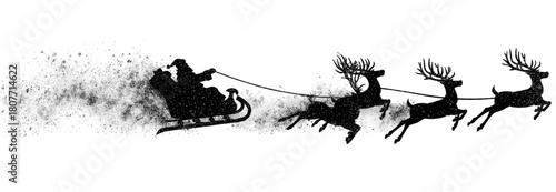 Distressed black silhouette of Santa Claus flying in his sleigh with reindeer.