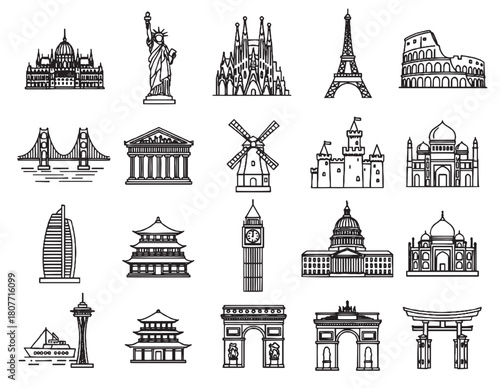 World Landmarks and Famous Buildings Line Art Icons Collection, eiffel tower, statue of liberty, taj mahal, Rome


