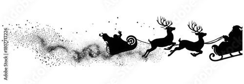Artistic black silhouette of Santa Claus flying in his sleigh with reindeer.
