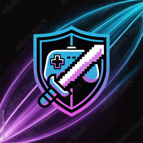 Neon pixel shield with sword and potion, glowing retro RPG gamer crest on streaked background, cyber synthwave esports emblem vector for streaming and branding