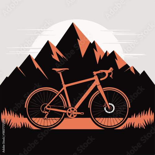 Mountain bike under sunrise with rugged peaks, outdoor cycling adventure landscape, offroad trail bicycle vector illustration for travel, sport and fitness