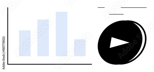 Bar chart next to a play button suggesting interactive data, media, or video integration. Ideal for analytics, presentation, education, business, communication marketing multimedia. Simple flat