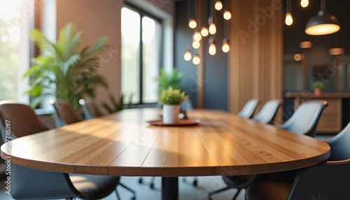 Modern meeting room with wooden table and soft natural lighting
