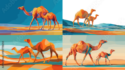 Bold illustration of camels walking across desert landscapes with geometric shapes and vibrant colors, showcasing movement, warmth, and the iconic wildlife of arid regions.