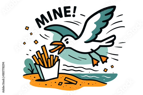 Seagull Snack Stealer. Seagulls ? Beach snack thief. A gull swoops near fries; wind lines and crumbs scatter like confetti. Text ?MINE!? curves playfully