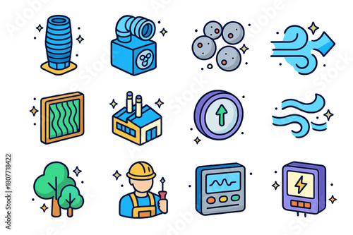 Clean Air Icons. Clean air technology. Colorful isometric vector icons set of clean air technology: air purification tower, ventilation system, smoke