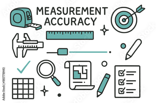 Precision Tools Illustration. // Measurement accuracy. Hand-drawn doodle illustration Measurement accuracy [tape measure (accented), ruler (accented), target