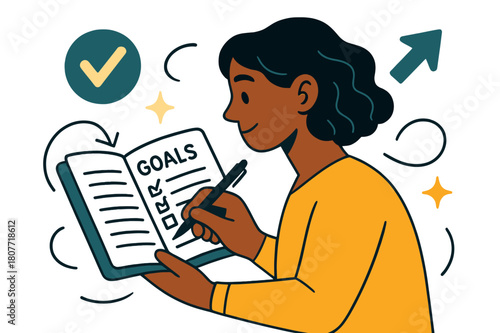 Goal Setting Journey. A person setting goals and writing a to-do list in a planner for self-improvement. Side view of individual reflecting while writing in