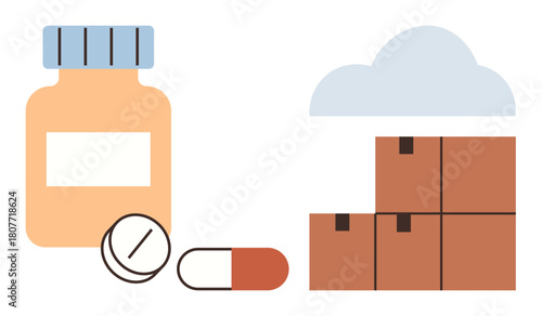 Medicine bottle with tablets and capsule next to stacked shipping boxes under a cloud. Ideal for healthcare supply chain, logistics, pharmacy, e-commerce, cloud storage, medication delivery, simple