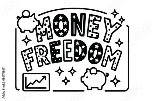 Playful Money Lettering. Money Freedom ? playful decorative display lettering; patterned letters (dots/stripes/stars), gentle arch; framed with mini icons;