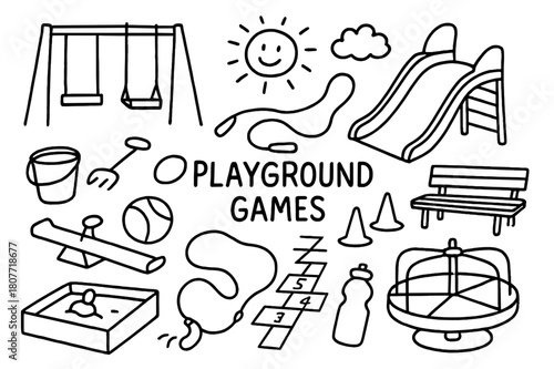 Playground Games Doodle. Playground games. Hand-drawn doodle illustration playground games swing set, slide, seesaw, sandbox bucket, ball, jump rope, cones,