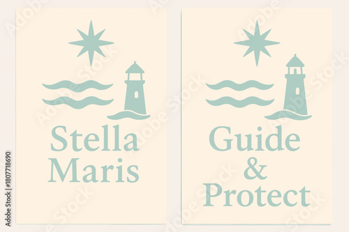 Stella Maris Banners. Star of the Sea. Two vertical A6 banners with safe margins, centered composition, no elements touching edges, pastel, seafoam and sandy