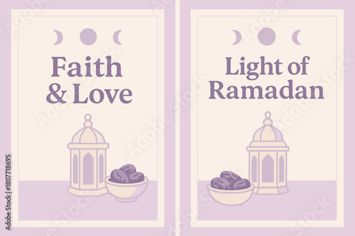 Ramadan Banner Design. Ramadan Reflection. Two vertical A6 banners with safe margins, centered composition, no elements touching edges, pastel, lavender and