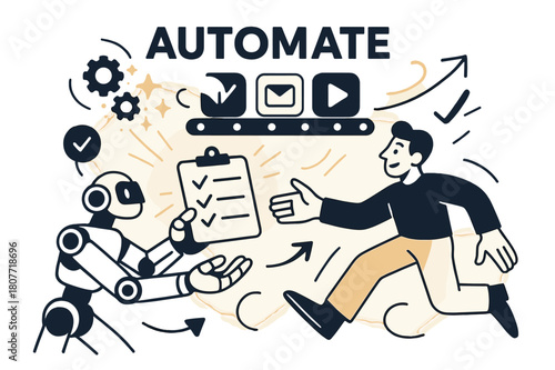 Automation in Motion. AI-powered automation. Robotic hands pass a glowing checklist to a human; gears become sparks that form stars. ?Automate? hovers above a