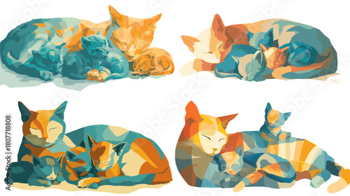 Colorful illustration of a mother cat cuddling with her kittens, featuring warm expressive shapes and artistic patterns that highlight comfort, bonding, and gentle animal family moments.