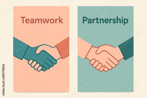 Teamwork and Partnership. Coworker. Two vertical A6 banners with safe margins, centered composition, no elements touching edges, pastel, coral and teal,