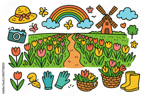 Colorful Tulip Landscape. Tulip fields. Colorful Hand-drawn doodle Children illustration Tulip fields rows of tulips, windmill, walking path, rainbow, hat,