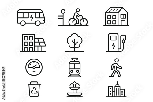 Sustainable City Icons. Sustainable cities. Line icon set of sustainable cities: electric bus, bike lane, green roof, solar facade, park tree, charging