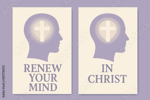 Renewal in Christ Banners. Mind Renewal. Two vertical A6 banners with safe margins, centered composition, no elements touching edges, modern, lavender and