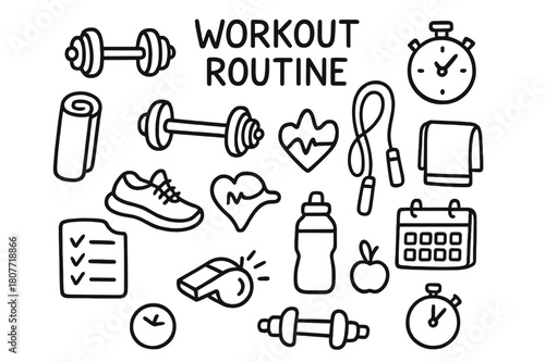 Workout Essentials Doodle. Workout routine. Hand-drawn doodle illustration workout routine dumbbells, barbell, stopwatch, mat, shoes, heartbeat, jump rope,
