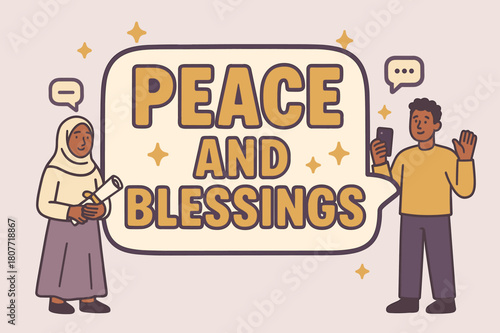 Peace and Blessings. Peace and Blessings (Salaam) banner, flat vector illustration, bold oversized text inside sticker outline, cartoon characters gently