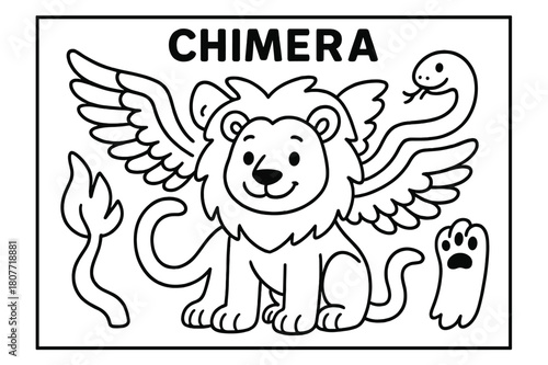 Chimera Coloring Fun. Create your own chimera children?s coloring book illustration, outlined drawing, mix-and-match animal parts like wings, tails, and paws